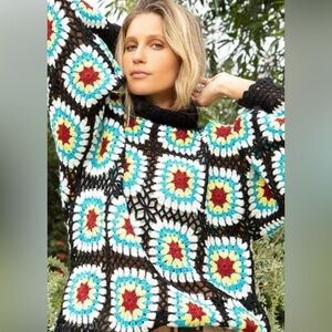 POL Anthropologie Granny Square Sweater Hand Knit Oversized Top Mock Neck Medium